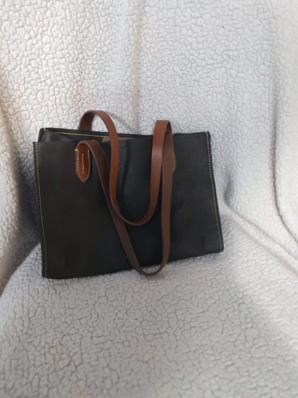 Dooney & Bourke Black Leather Tote with Brown Handles and Yellow Stitching